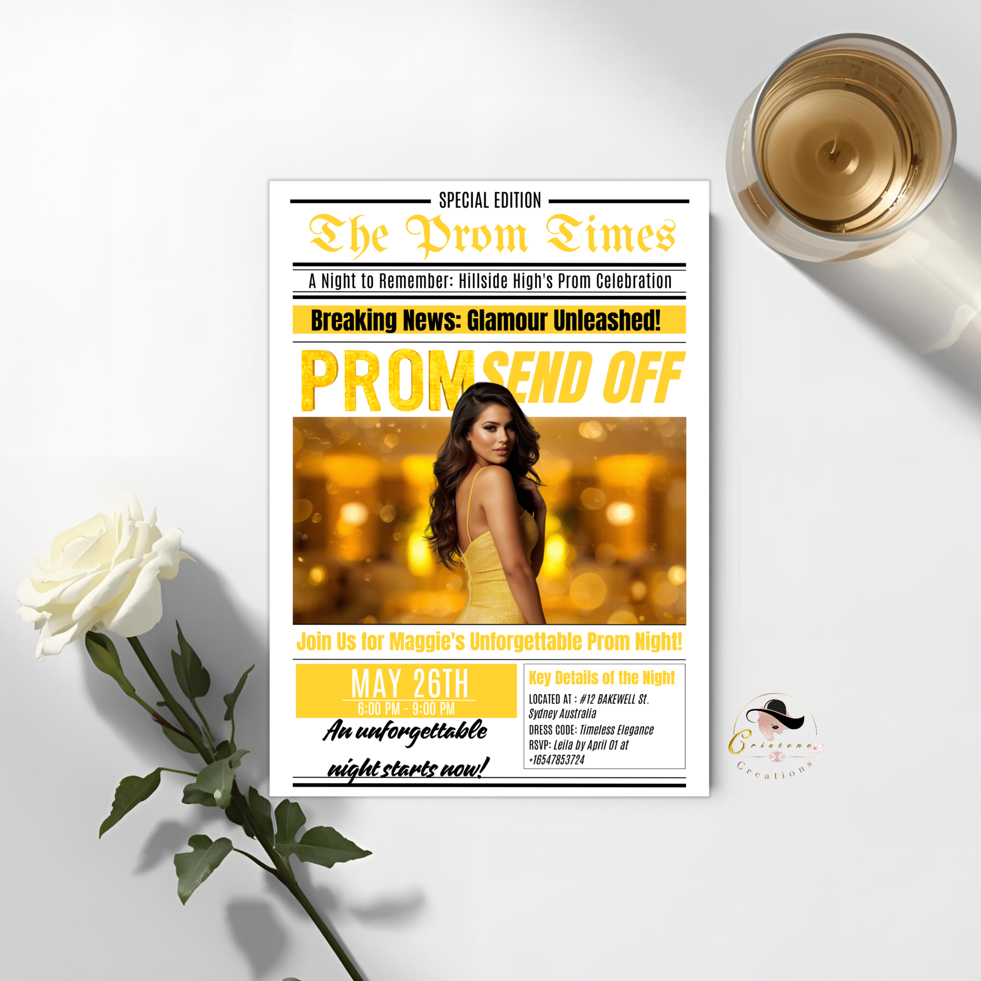 Yellow Newspaper Prom Send Off Party Invitation, Prom Queen with photo invite, Teen Boy Prom Night Flyer Card, Digital Printable Template