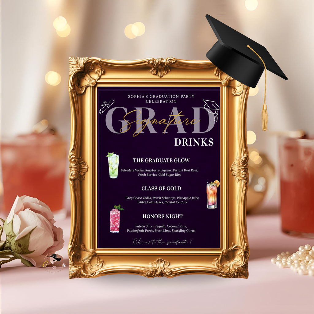 Purple Graduation Signature Drinks Sign, Senior Grad Bar Menu Template, Boy Girl Class of 2026 Printable Drink Menu for High School College