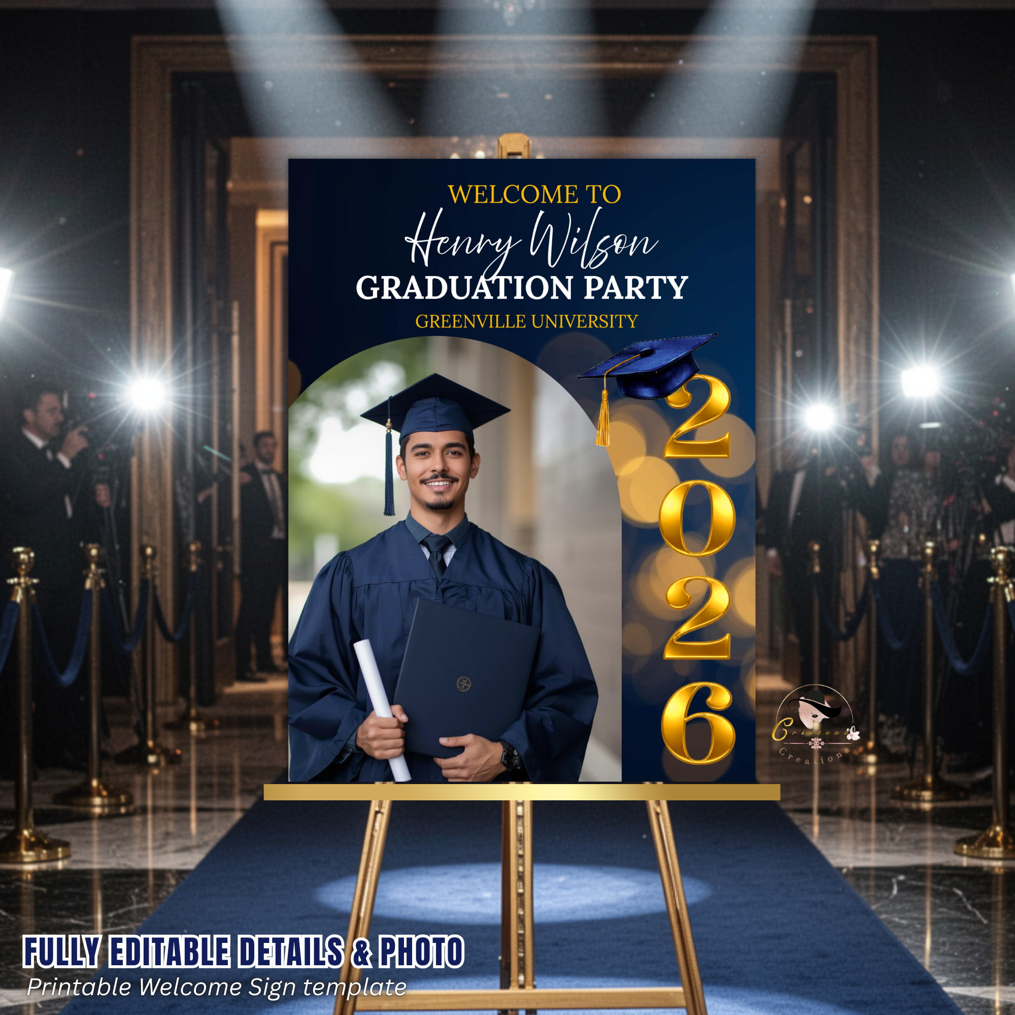 Graduation Welcome Party Sign, Senior Grad Poster Sign with photo, Class 2026 Woman Men High School Sign, Blue Gold Printable Template