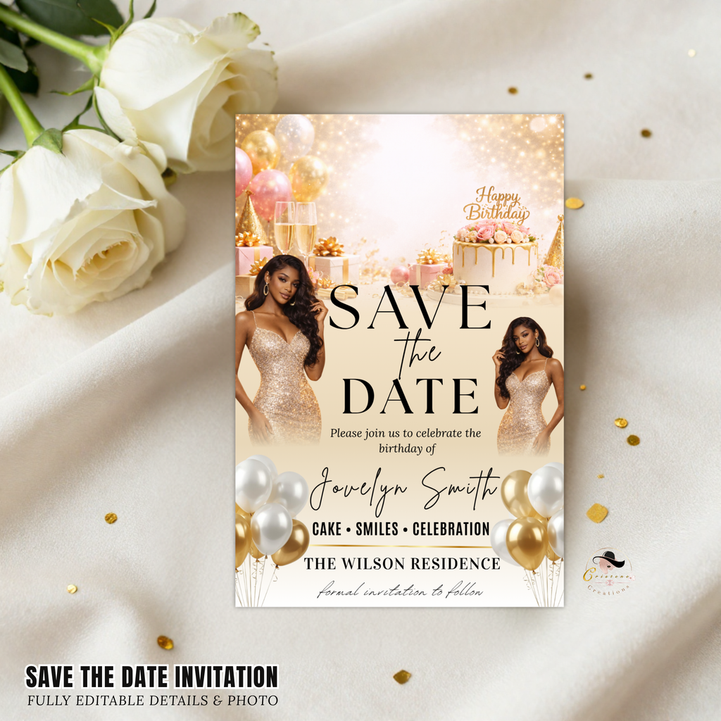 Save the Date Birthday Invitation, White Gold Save Date Party with photo Invite, Elegant Brunch Event Card, Printable Digital Template