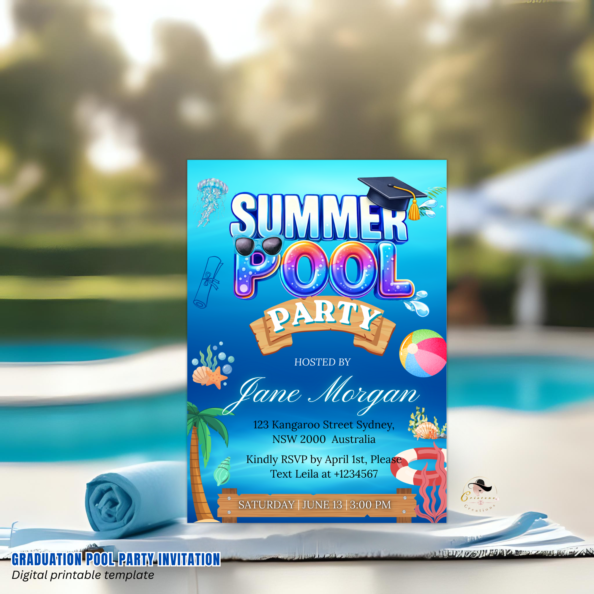 Graduation Pool Party Invitation, Senior Grad Party Invite for Him and Her, College Graduates Announcement, Editable Canva Digital Template