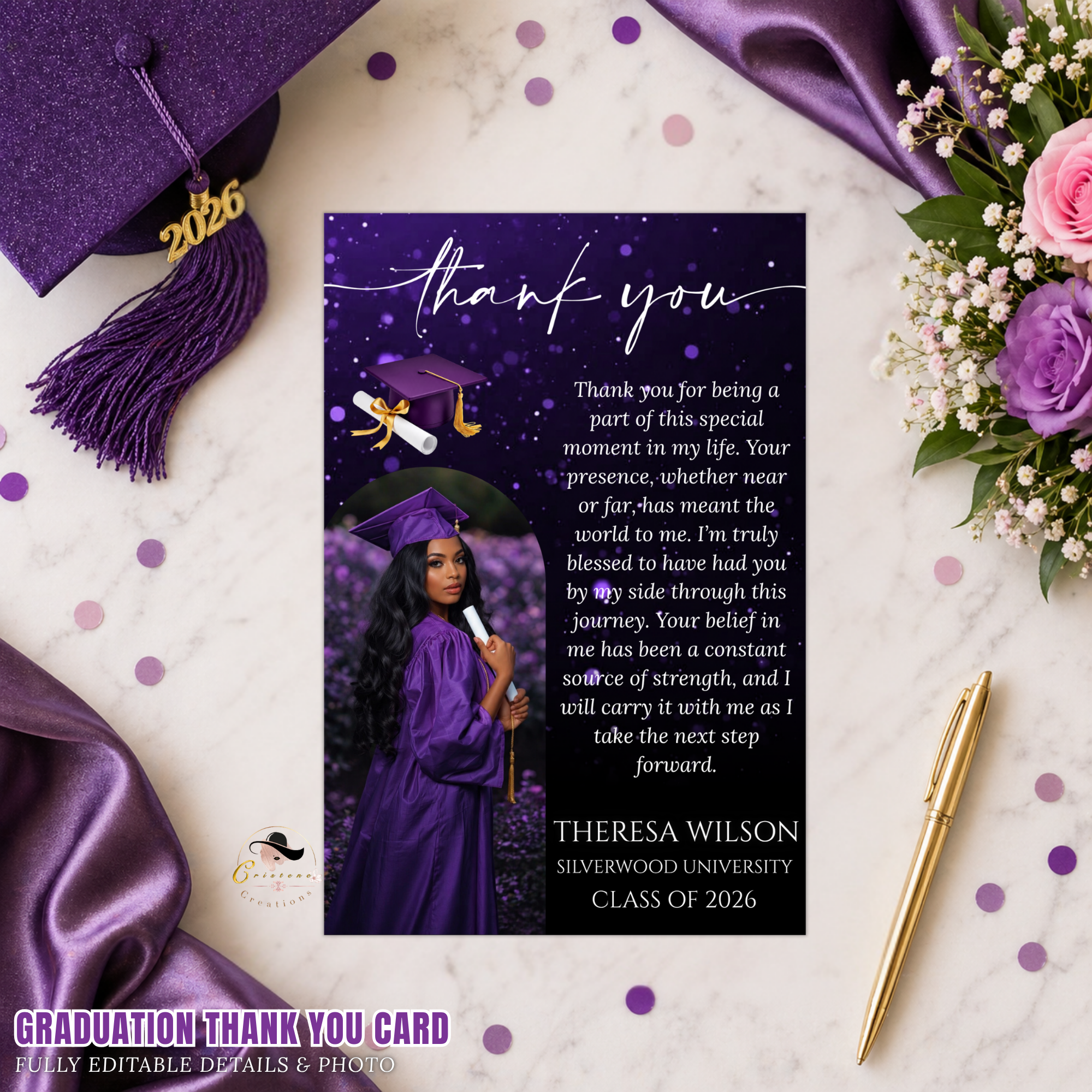 Purple Graduation Thank You Card with Photo, Grad Party Thank You Note for Him and Her, Class of 2026 Appreciation Card, Printable Template