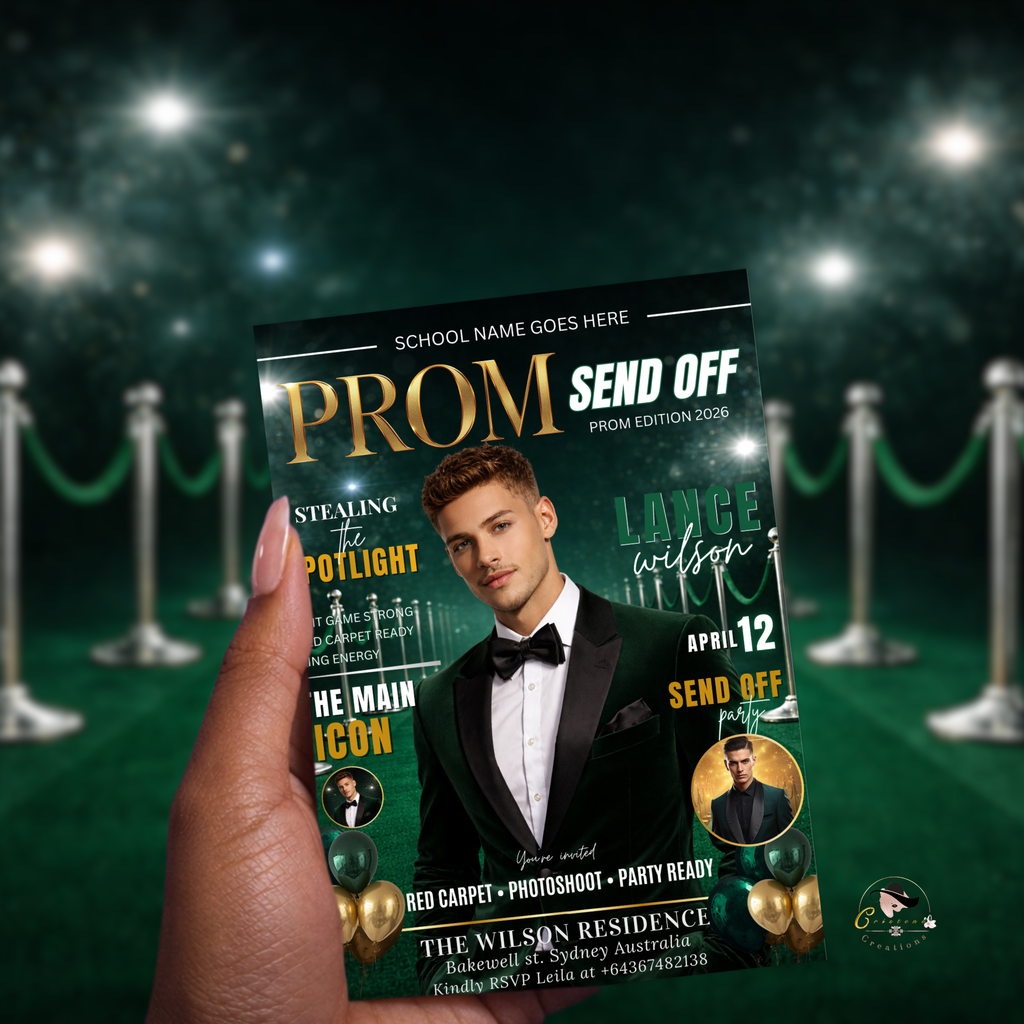 Boy Prom Send Off Party Invitation, Prom King with photo invite, Green Prom Night Flyer Card, High School Prom Digital Printable Template