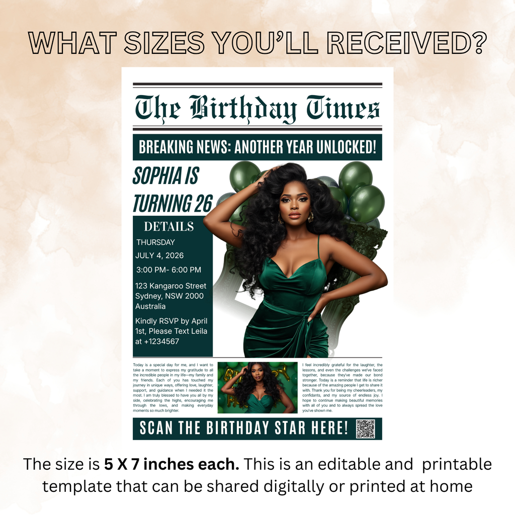 Green Newspaper Birthday Party Invitation with Photo, Woman Dinner & Brunch Invite, Retirement Invite, Editable Printable Digital Template