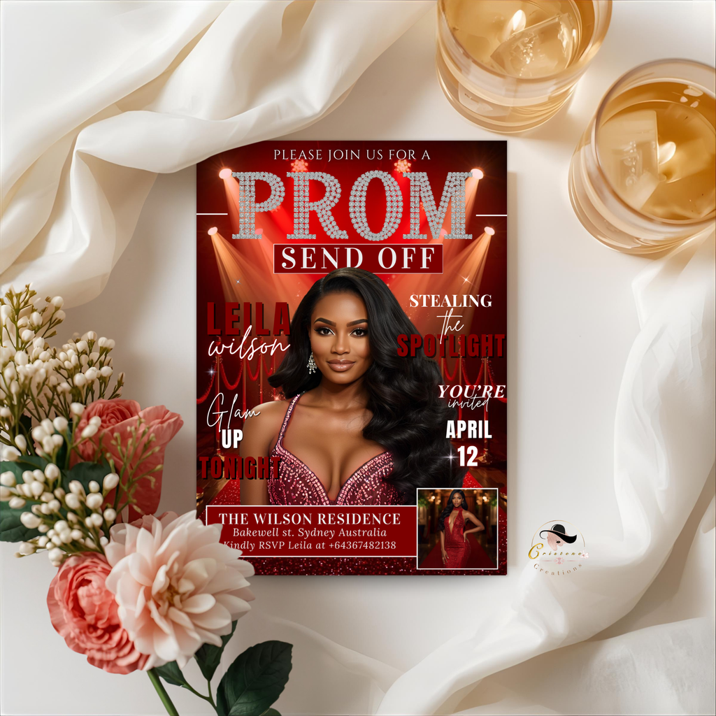 Prom Send Off Party Invitation, Prom Queen with photo invite, Girls Prom Night Flyer, Red Carpet Magazine Style Digital Printable Template