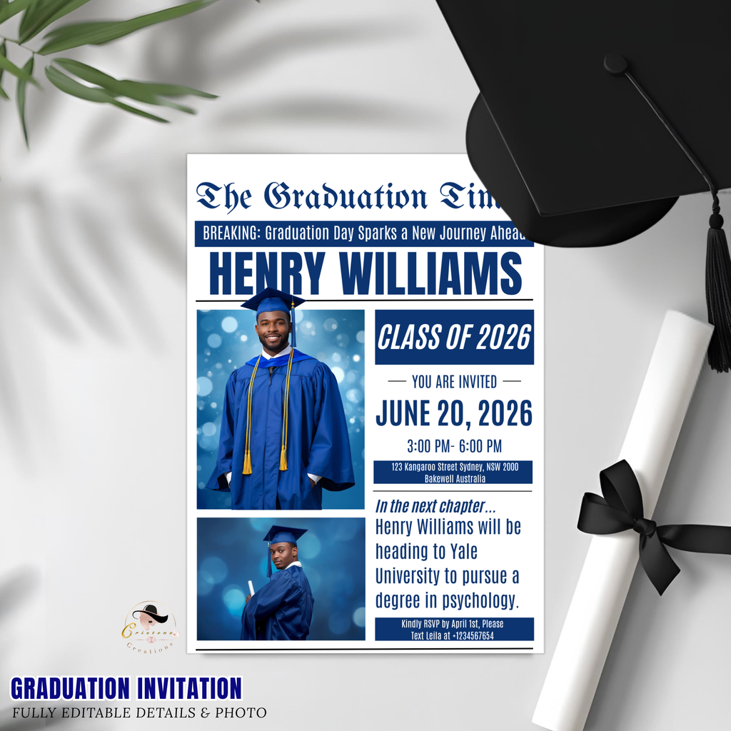 Senior Graduation Invitation with Photo, Newspaper Style High School Grad Announcement Invite for Him, Class of 2026 Editable Canva Template