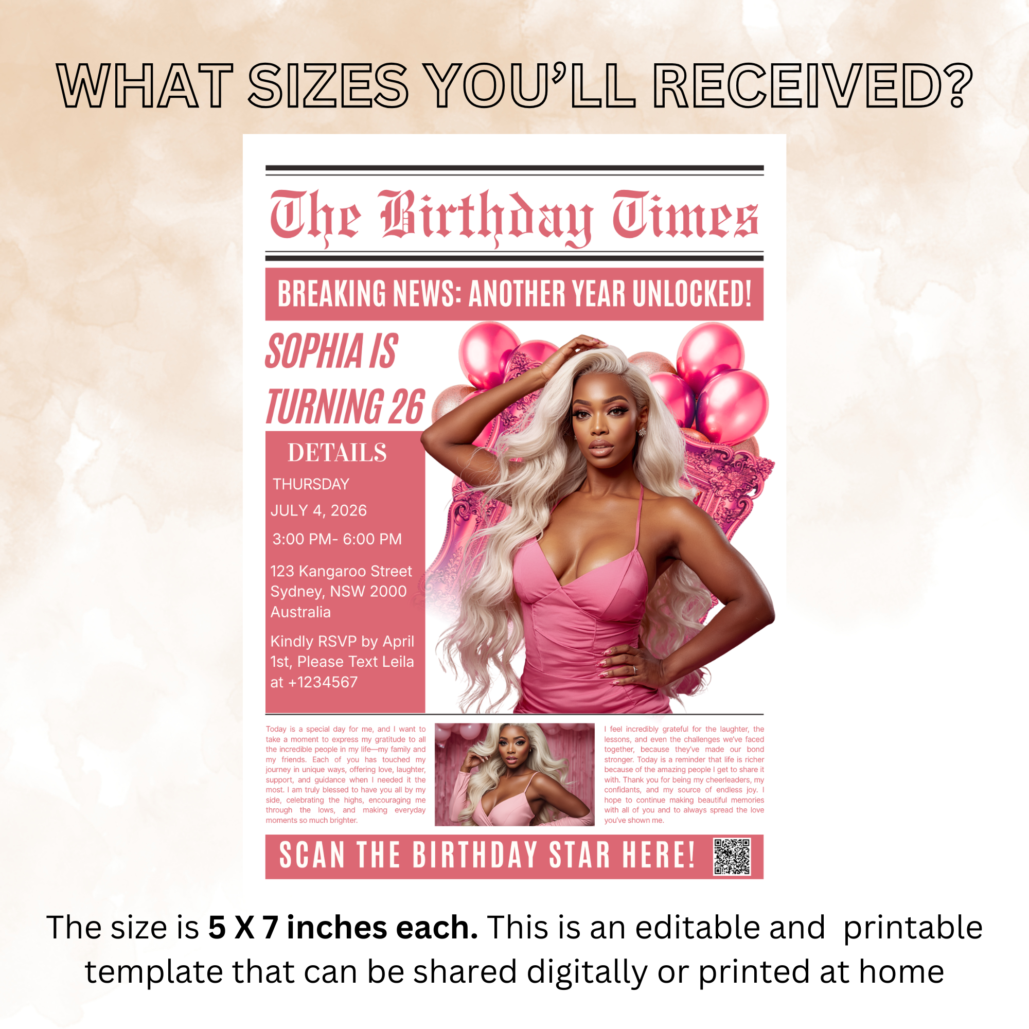 Pink Birthday Dinner Invitation with Photo, Newspaper Style Party Invite, Woman Brunch Invite, Editable Digital Printable Template