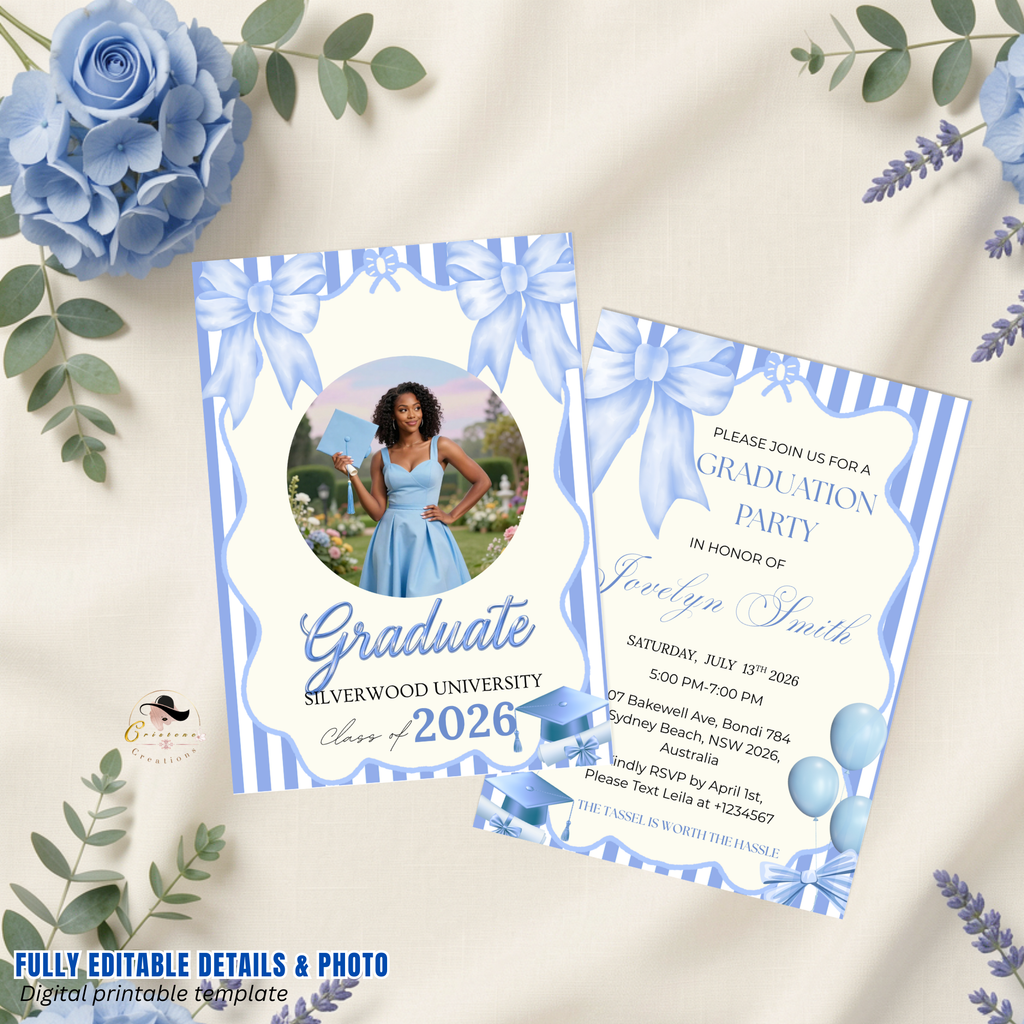 Blue Coquette Graduation Party Invitation, Senior Grad Announcement with photo invite, Bow Theme University Graduates Printable Template