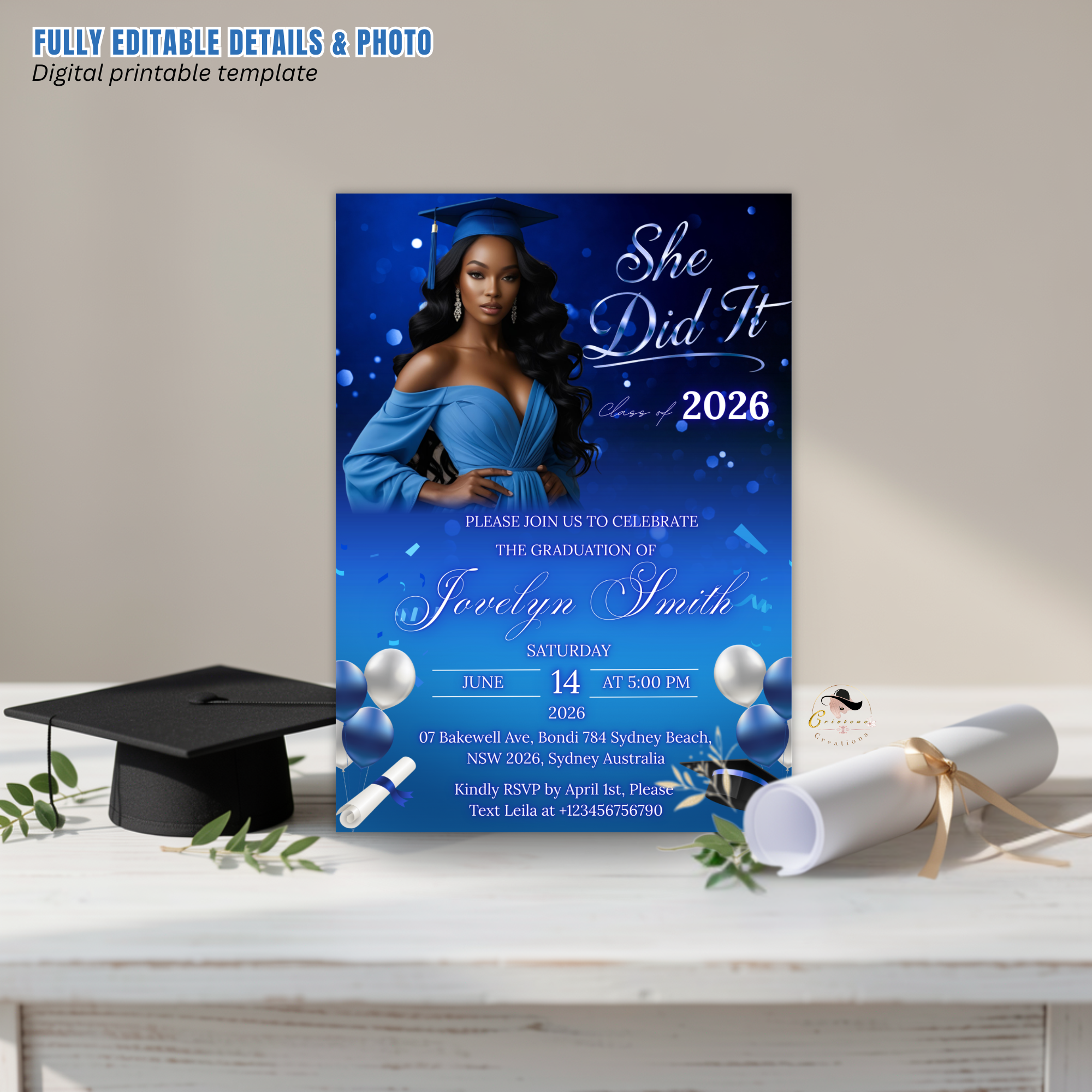 Blue Graduation Announcement Invitation, She Did It invite, Senior Grad Party with photo invite, Class of 2026, Digital Printable Template