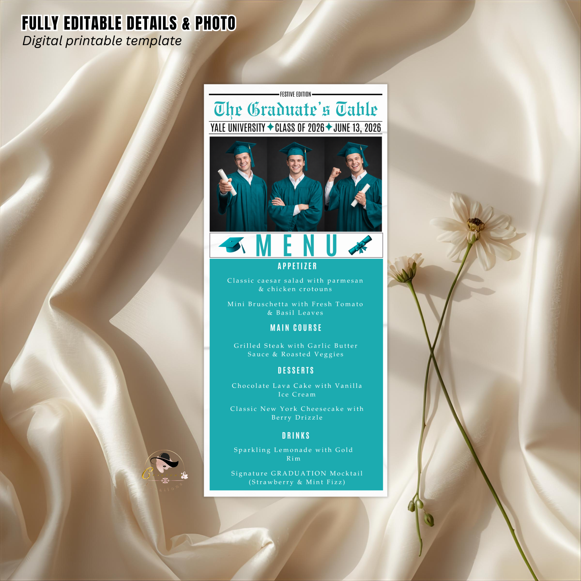 Teal Graduation Newspaper Menu Template with Photo, Senior Grad Party Dinner Menu for High School College, Girl Boy Canva Printable Card