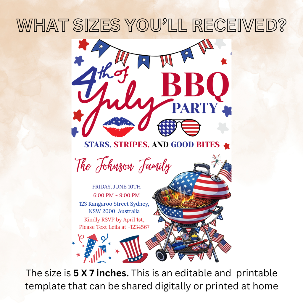 4th of July BBQ Party Invitation, Patriotic Cookout Party Invite, Independence Day Fireworks, Red White Blue Printable Digital Template