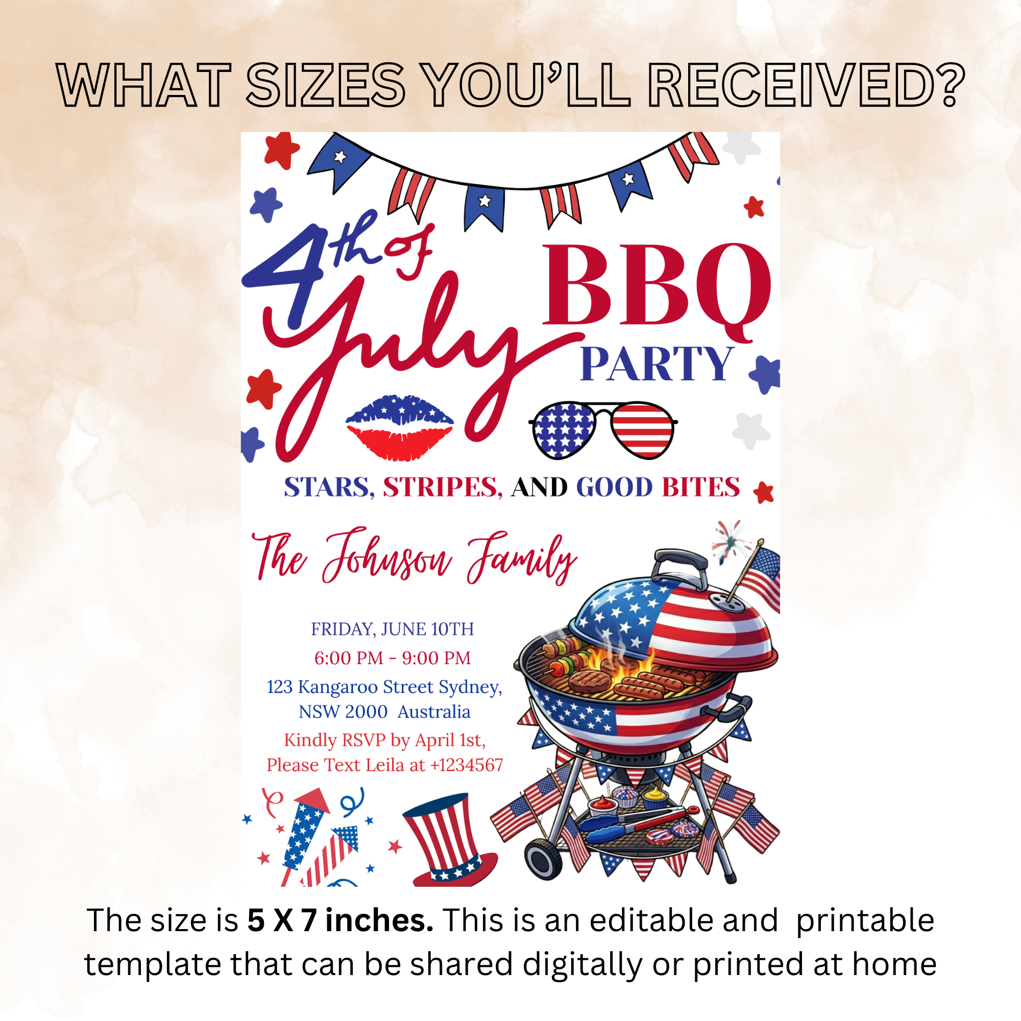 4th of July BBQ Party Invitation, Patriotic Cookout Party Invite, Independence Day Fireworks, Red White Blue Printable Digital Template