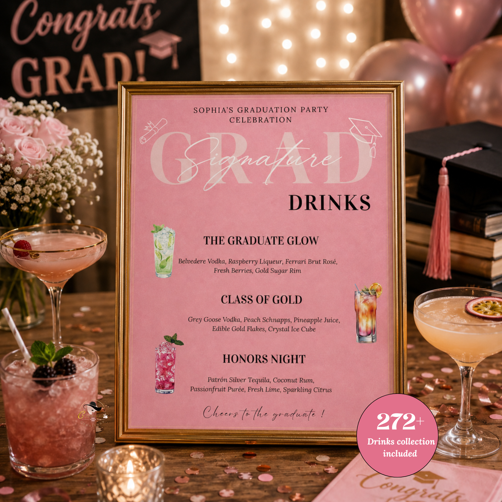 Pink Graduation Signature Drinks Menu Sign, Senior Grad Bar Menu Template for Her, Nurse Cocktail Menu, Class of 2026 Canva Printable