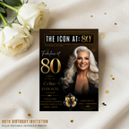 Black Gold 80th Birthday Invitation, 80 and Fabulous with photo Invite, Elegant Birthday Party Dinner Brunch, Digital Printable Template