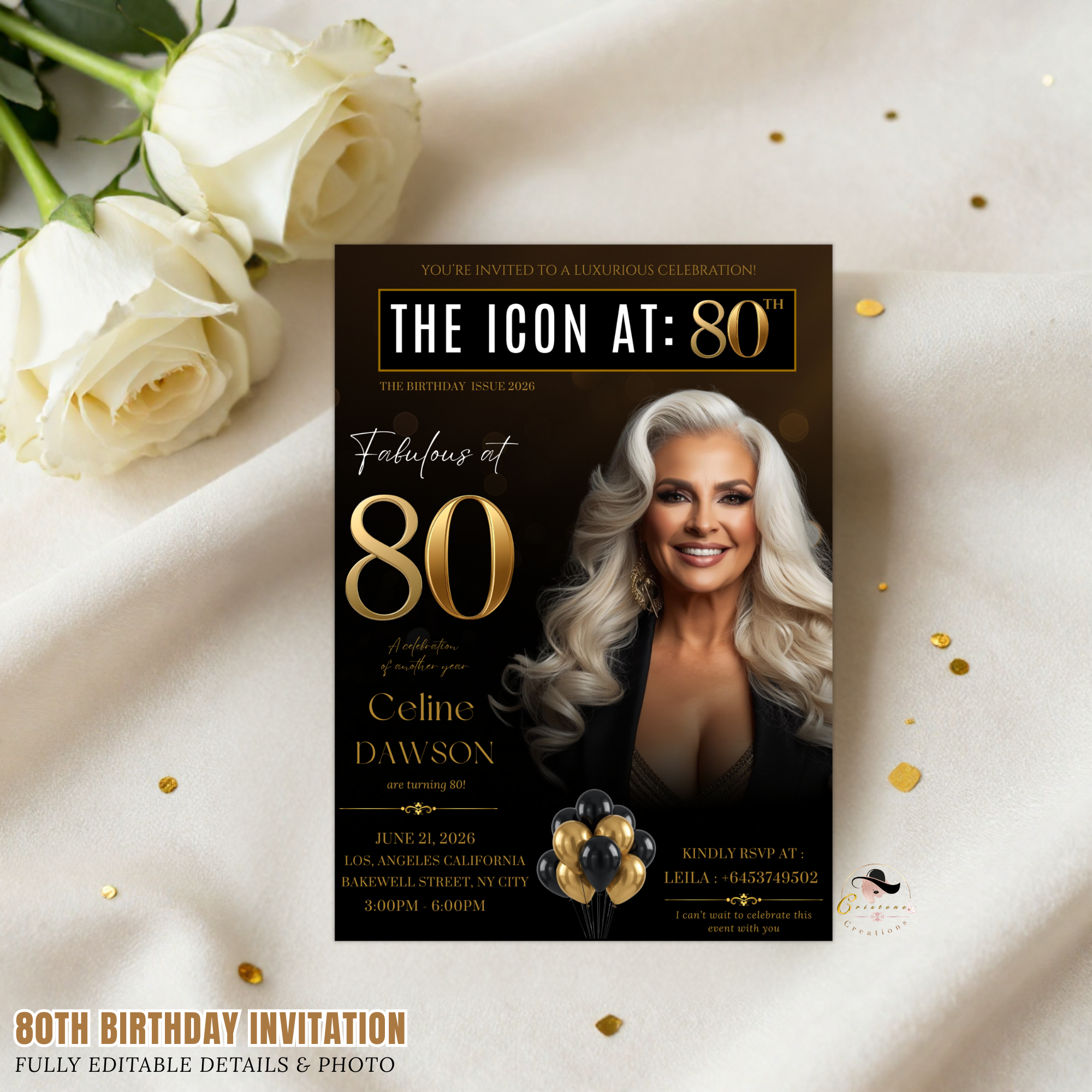 Black Gold 80th Birthday Invitation, 80 and Fabulous with photo Invite, Elegant Birthday Party Dinner Brunch, Digital Printable Template