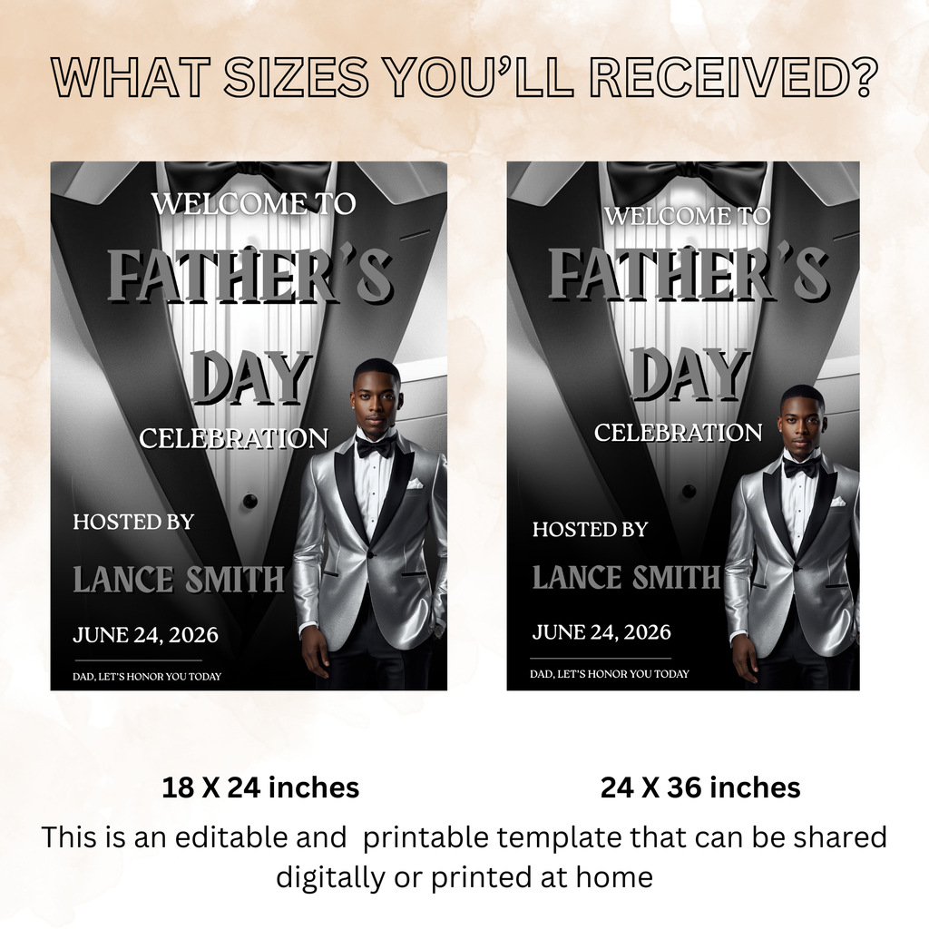 Black Silver Fathers Day Welcome Sign with Photo, Tuxedo Gentleman Party Sign, Birthday Retirement Sign, Dad Poster Sign, Printable Template