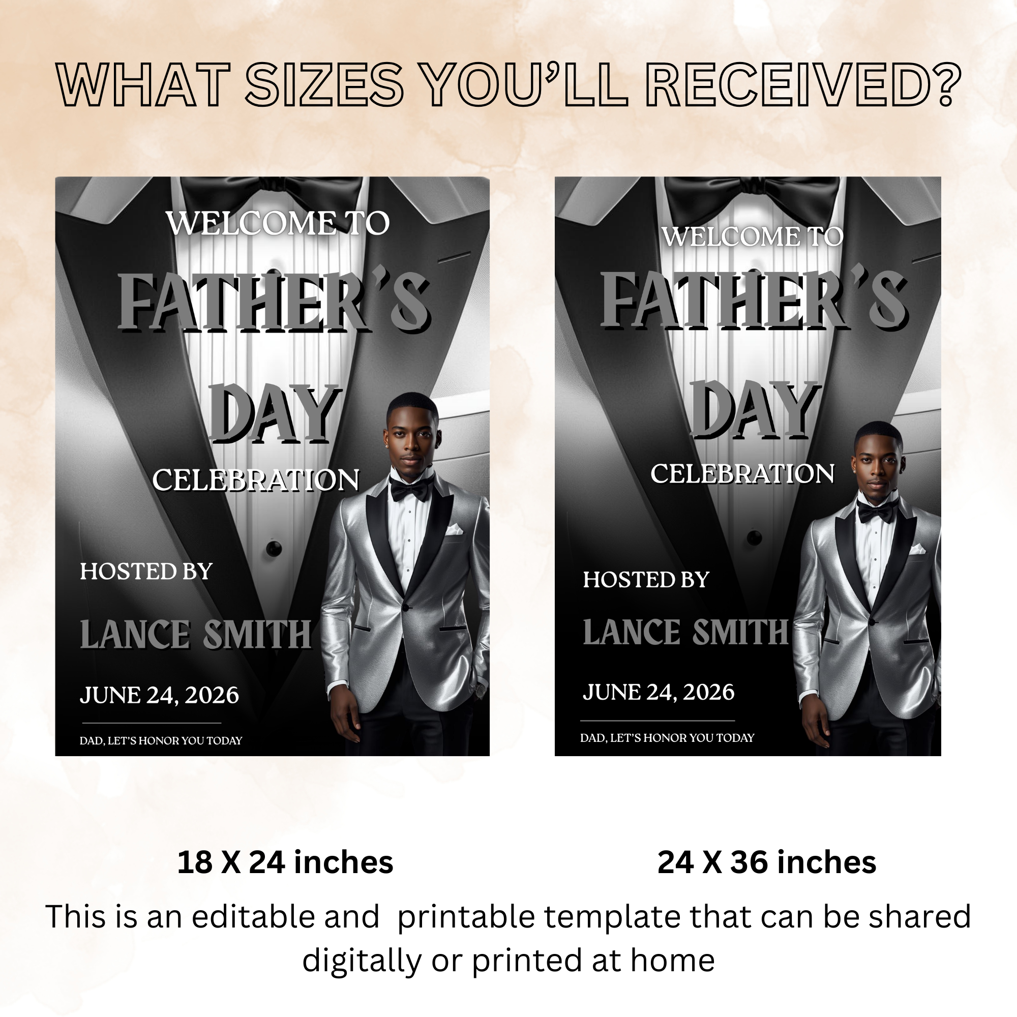 Black Silver Fathers Day Welcome Sign with Photo, Tuxedo Gentleman Party Sign, Birthday Retirement Sign, Dad Poster Sign, Printable Template