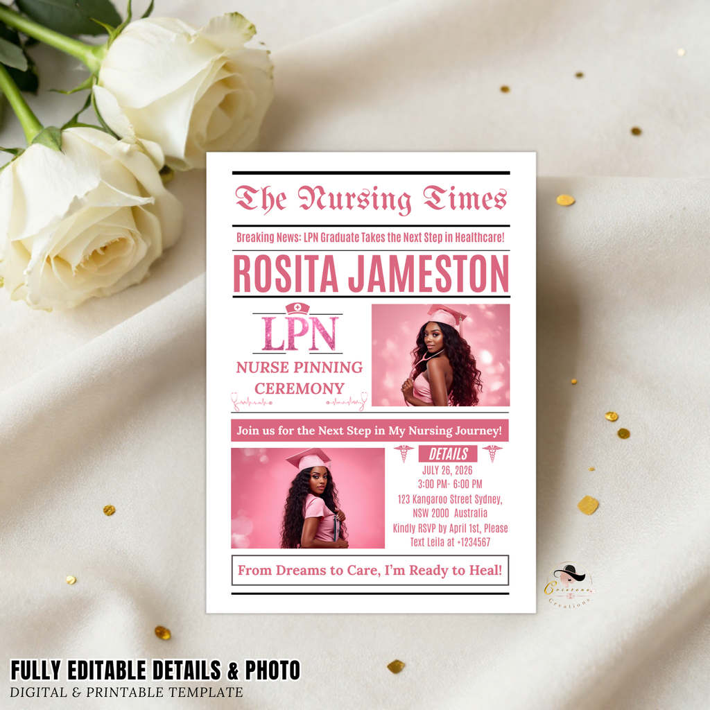 LPN Graduation Invitation Newspaper Style with Photo, Pink Nurse Pinning Ceremony Invite, Nursing Flyer Invite, Editable Canva Template