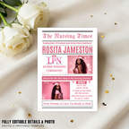 LPN Graduation Invitation Newspaper Style with Photo, Pink Nurse Pinning Ceremony Invite, Nursing Flyer Invite, Editable Canva Template