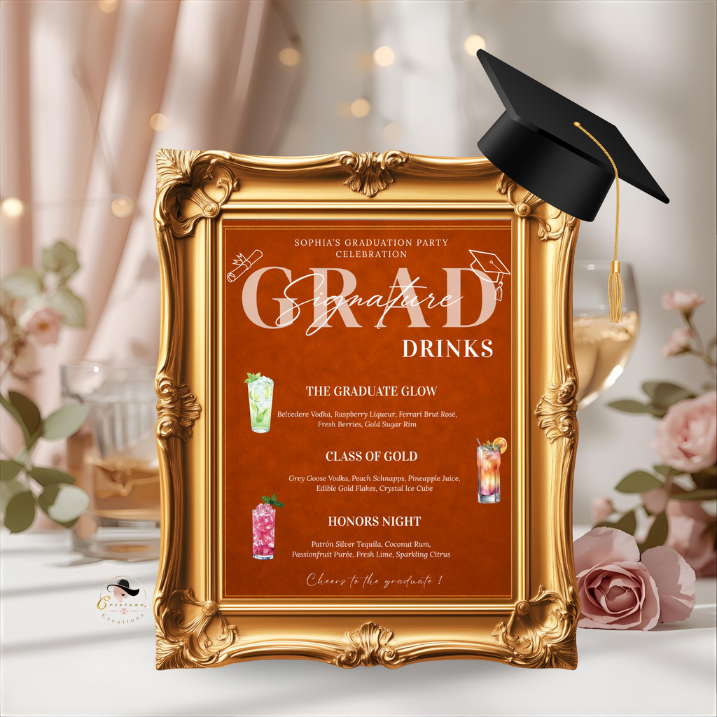 Orange Graduation Drink Menu Sign, Signature Drinks Bar Menu, Senior Grad Party Soda Bar Menu for High School College, Printable Template