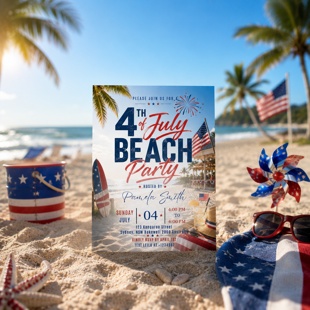 Beach Party 4th of July Invitation, USA Independence Day Summer Party Invite, Tropical Birthday Celebration Editable Digital Canva Template