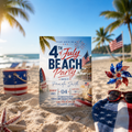 Beach Party 4th of July Invitation, USA Independence Day Summer Party Invite, Tropical Birthday Celebration Editable Digital Canva Template