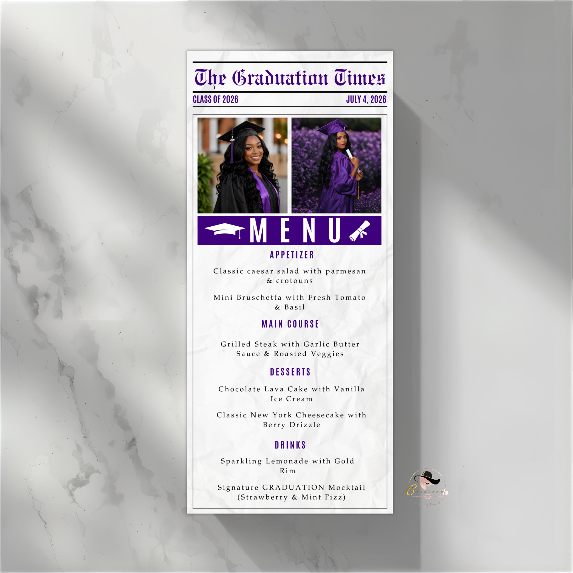Purple Graduation Newspaper Menu Template with Photo, Senior Grad Party Dinner Menu for High School College, Graduates Menu Printable Card