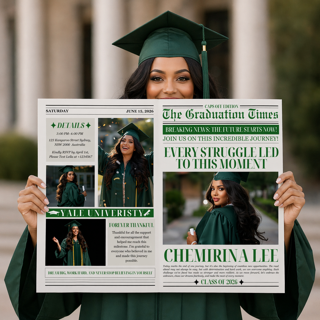 Class of 2026 Graduation Newspaper Template with Photo, Green Grad Announcement for Boys and Girls, Canva Editable Digital Printable