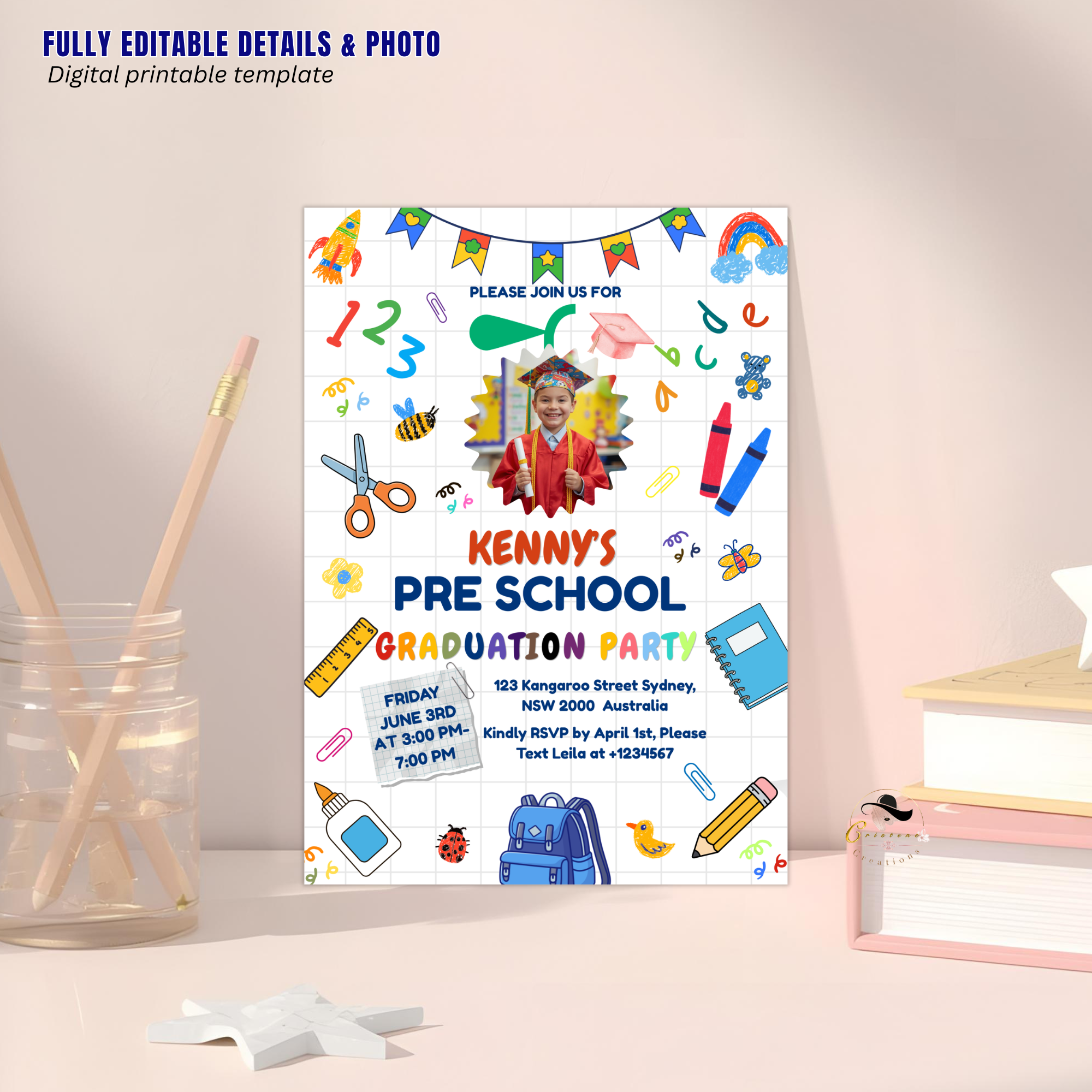 Preschool Pre K Graduation Invitation with Photo, Kindergarten Class of 2026 Grad Party Invite for Him and Her, Editable Canva Template