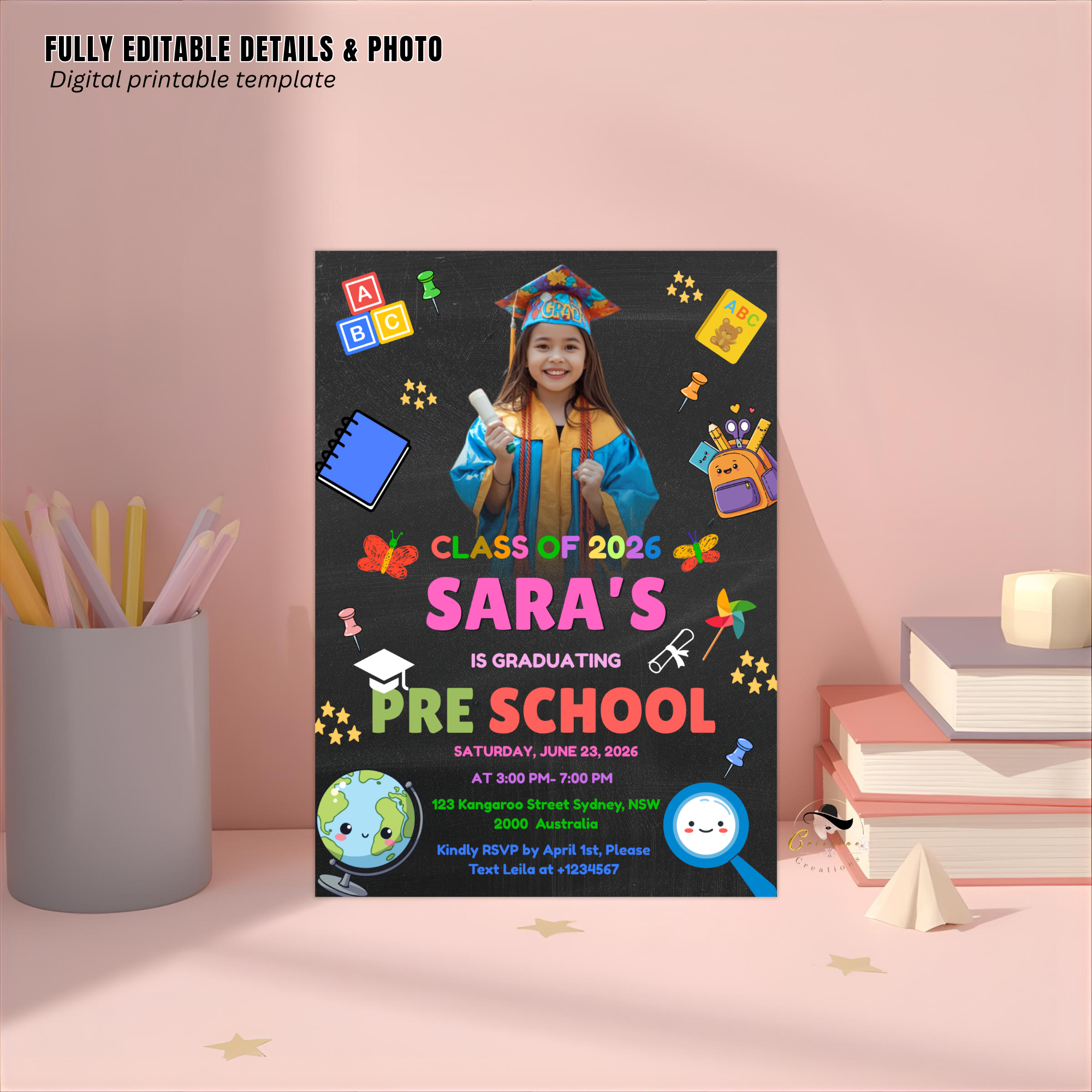 Pre K Graduation Announcement Invitation with Photo, Kindergarten Class of 2026 Invite, Kids Grad Party Invite, Printable Canva Template