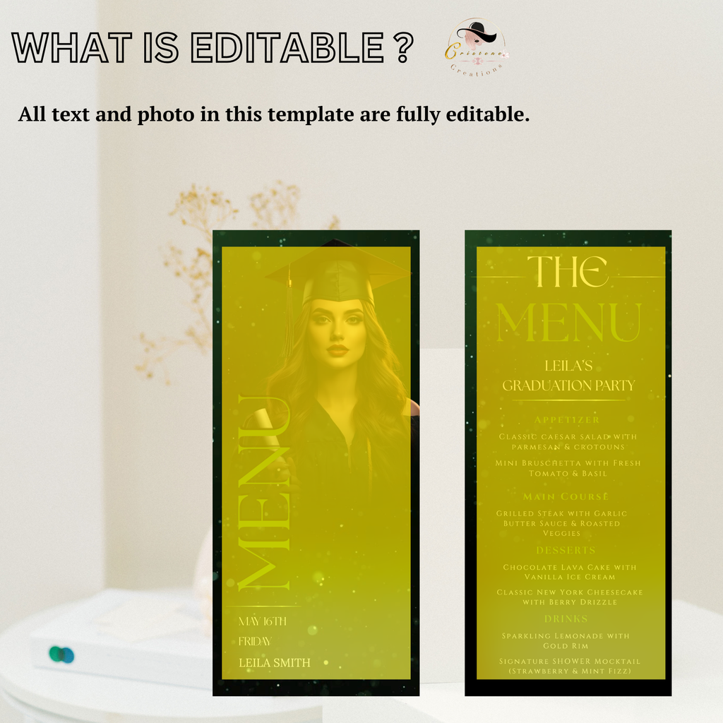 Green Graduation Menu Template with Photo, Grad Dinner or Brunch Menu Card, Class of 2026 Party Menu for Him and Her, Canva Printable