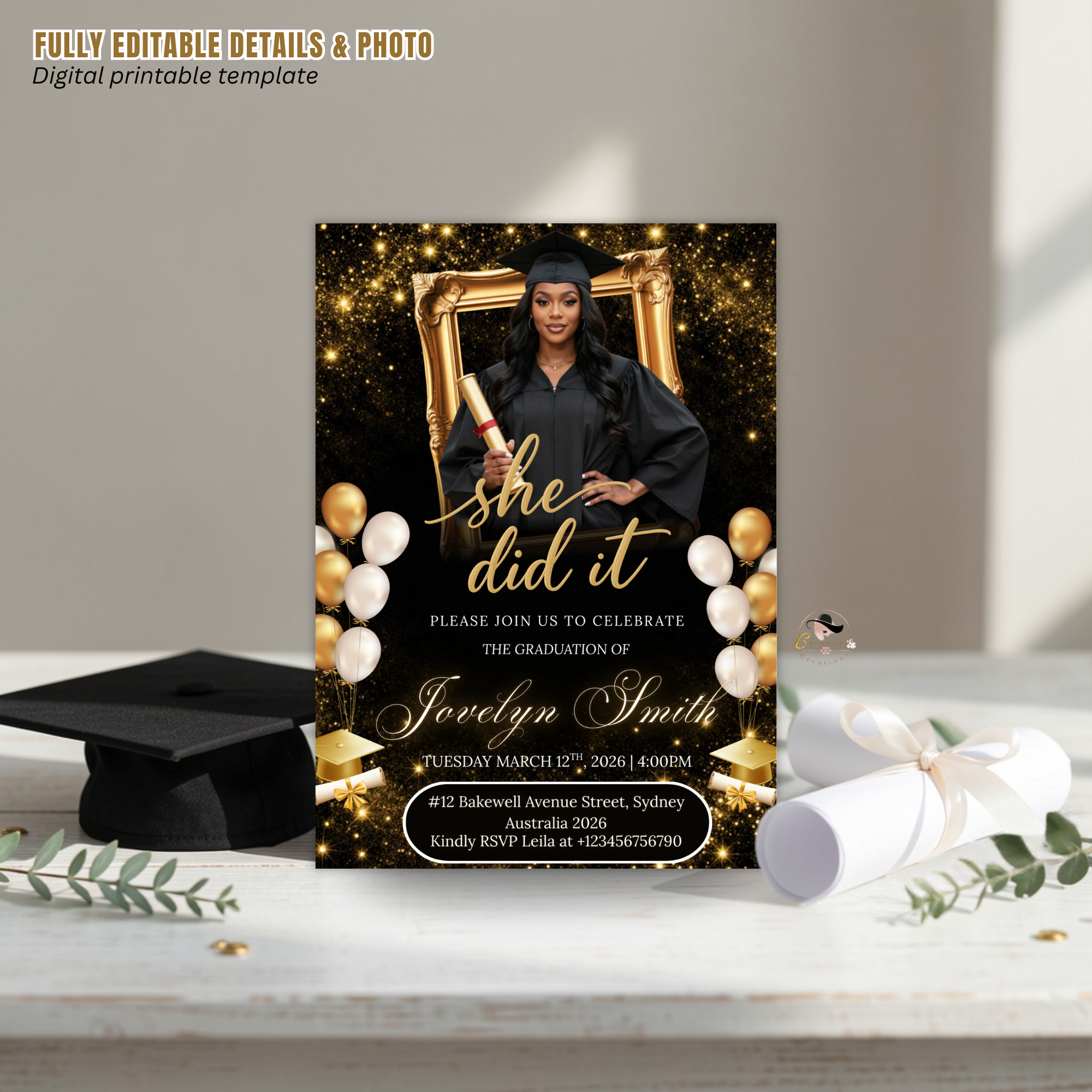 Black Gold Graduation Announcement Invitation, She Did It invite, Senior Grad Party with photo invite, Digital Printable Template