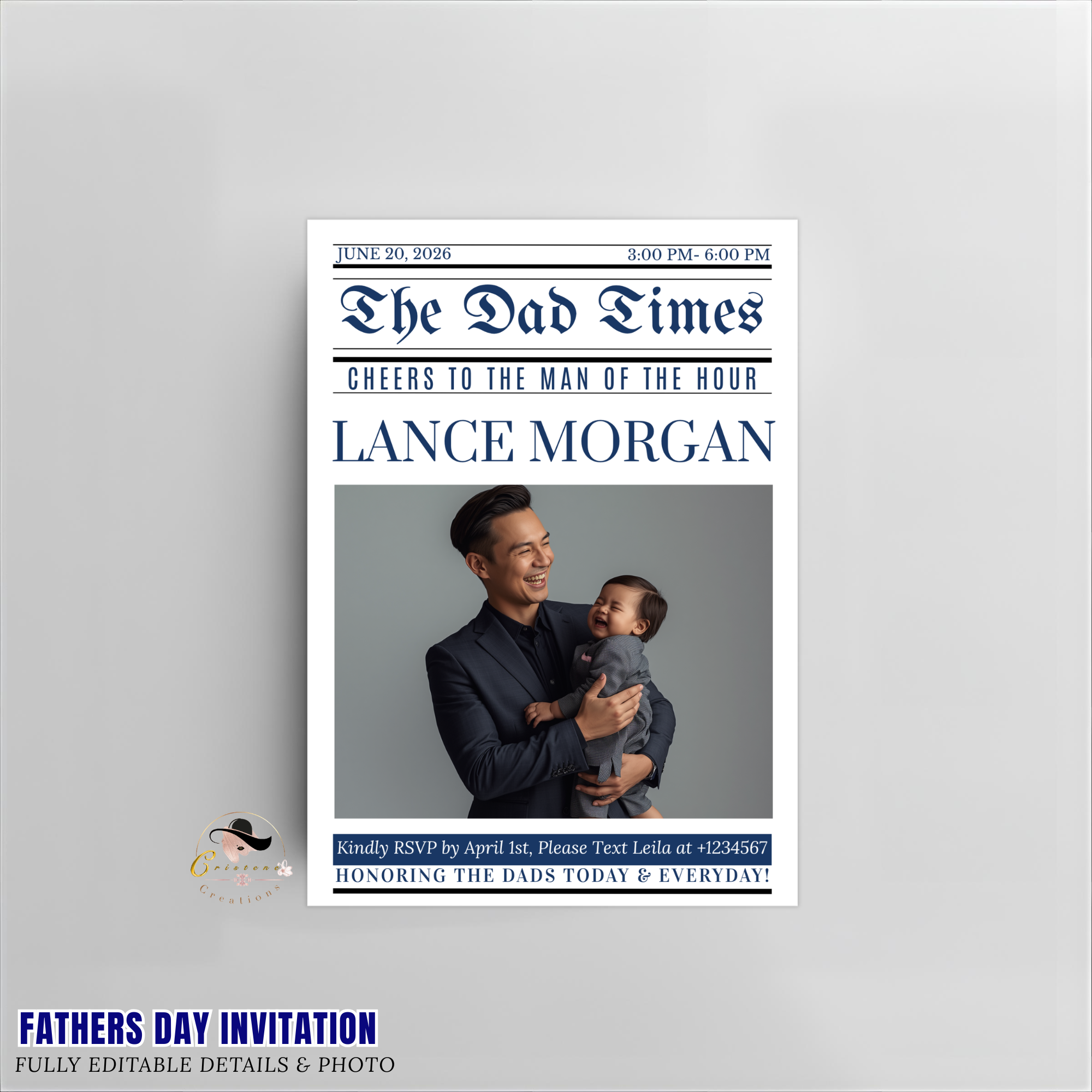 Newspaper Fathers Day Invitation with Photo, Dad Party Invite, Brunch or Dinner Invite, Editable Canva Template, Printable Celebration Card