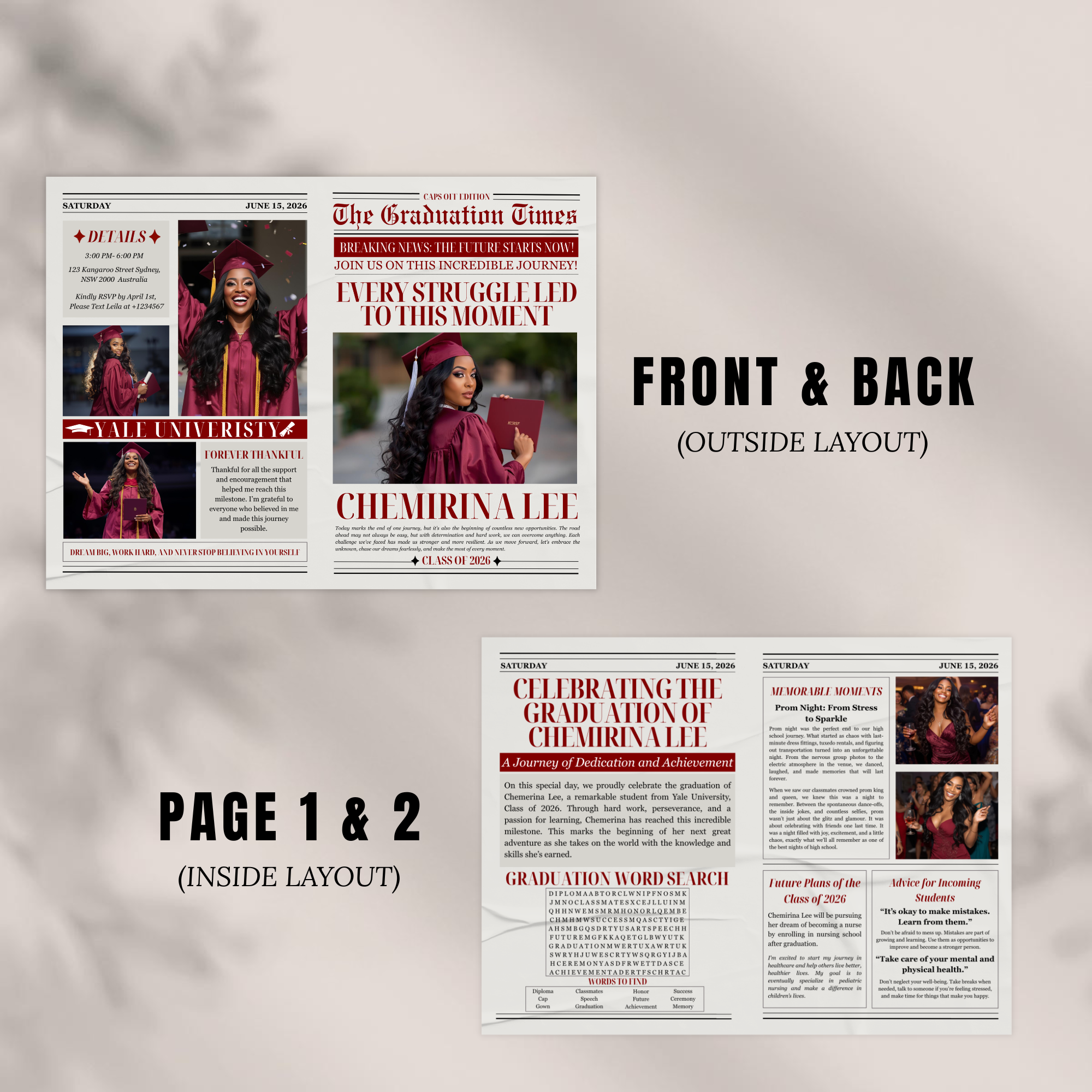 Graduation Newspaper Template with Photo, Class of 2026 Grad Announcement for Him and Her, Maroon Red Editable Canva Printable Invitation