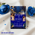 Save the Date Birthday Invitation, Blue Gold Save Date Party with photo Invite, Elegant Dinner Event Card, Printable Digital Template