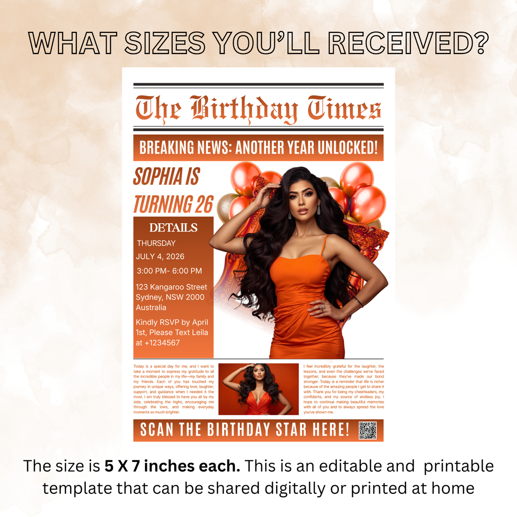 Orange Birthday Newspaper Invitation with Photo, Elegant Woman Dinner Party & Brunch Celebration Invite, Editable Canva Template
