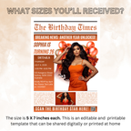 Orange Birthday Newspaper Invitation with Photo, Elegant Woman Dinner Party & Brunch Celebration Invite, Editable Canva Template