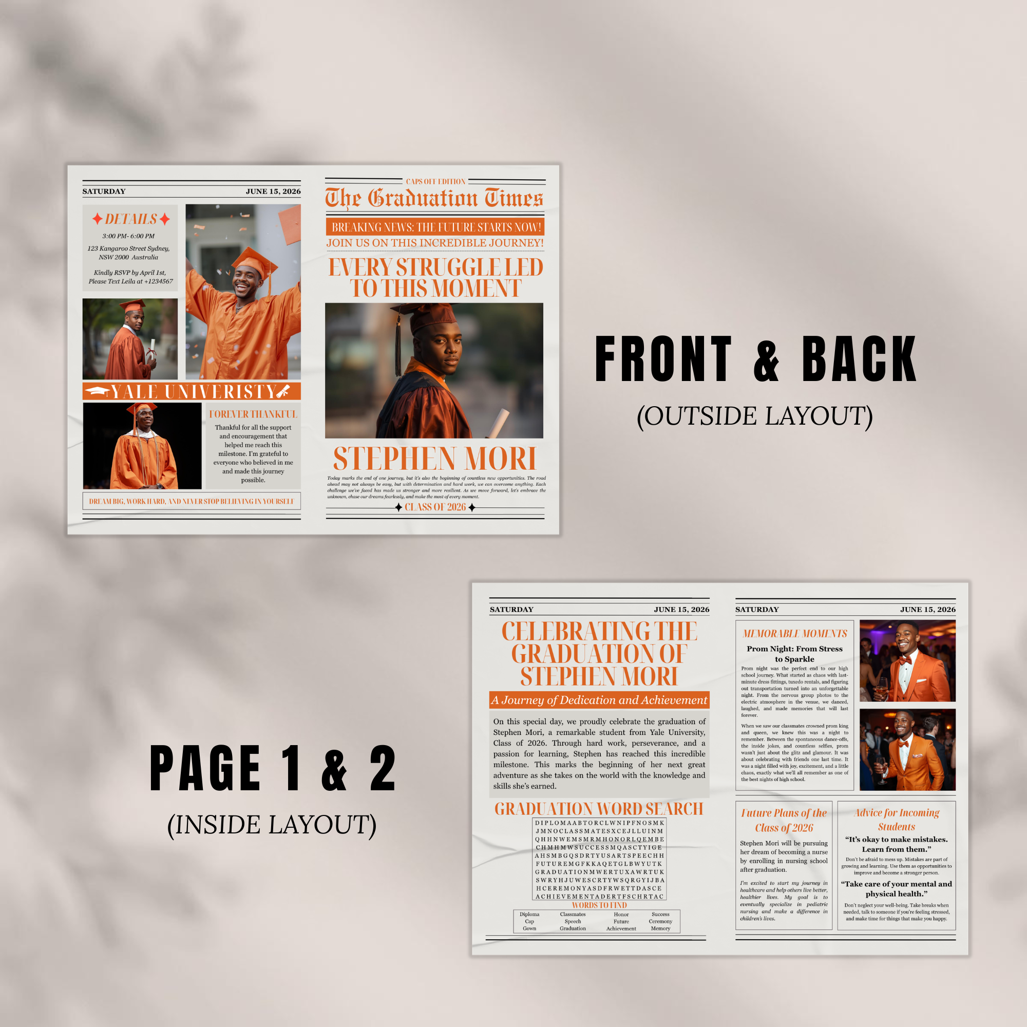 Orange Graduation Announcement Newspaper Template with Photo, Class of 2026 Grad Party for Boys and Girls, Editable Canva Digital Printable