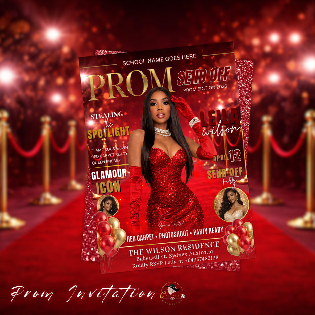 Red Prom Send Off Party Invitation, Prom Queen with photo invite, Girls Prom Night Flyer, Elegant Magazine Cover, Digital Printable Template
