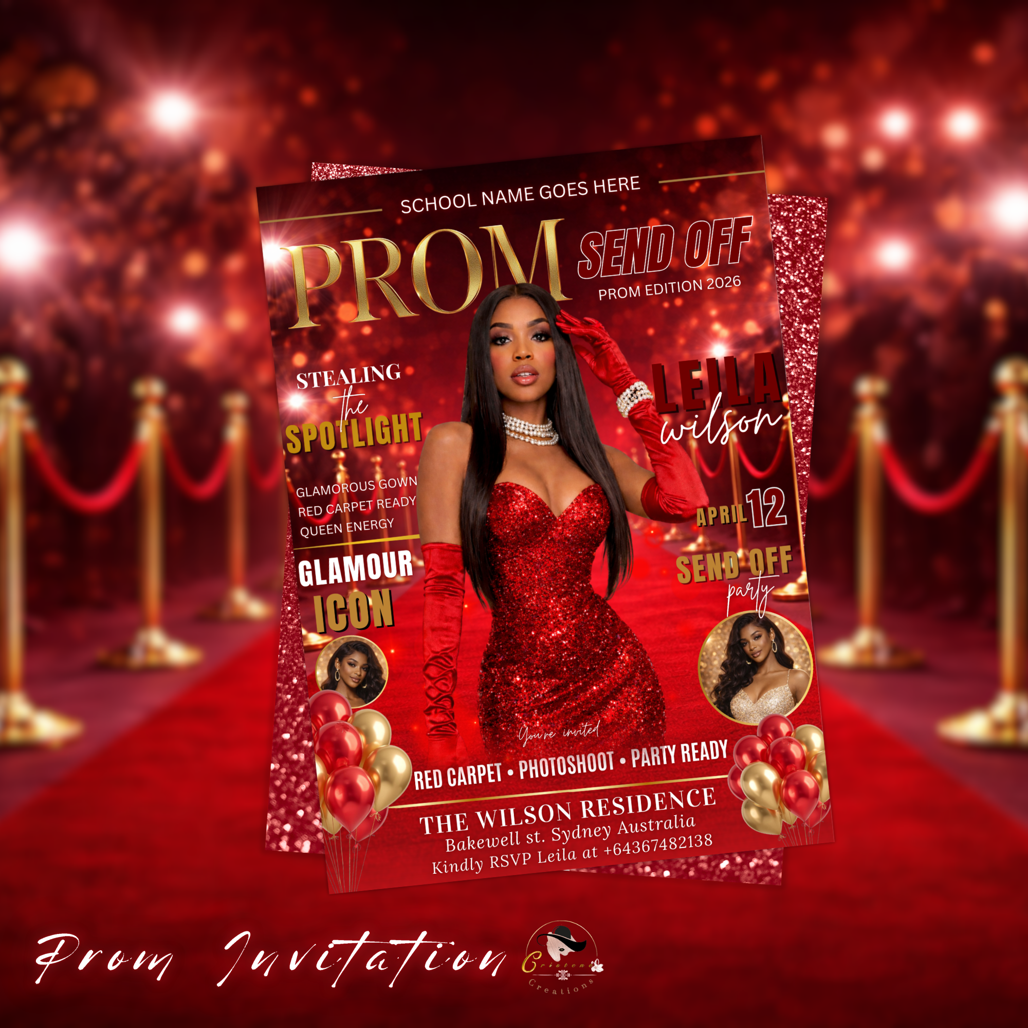 Red Prom Send Off Party Invitation, Prom Queen with photo invite, Girls Prom Night Flyer, Elegant Magazine Cover, Digital Printable Template