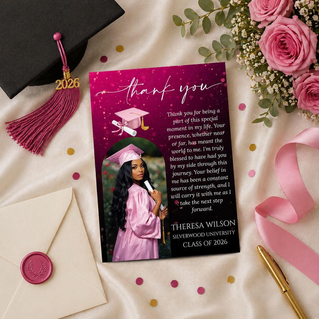 Pink Graduation Thank You Card with Photo, Class of 2026 Grad Party Thank You Note for Her, Graduates Editable Printable Digital Template