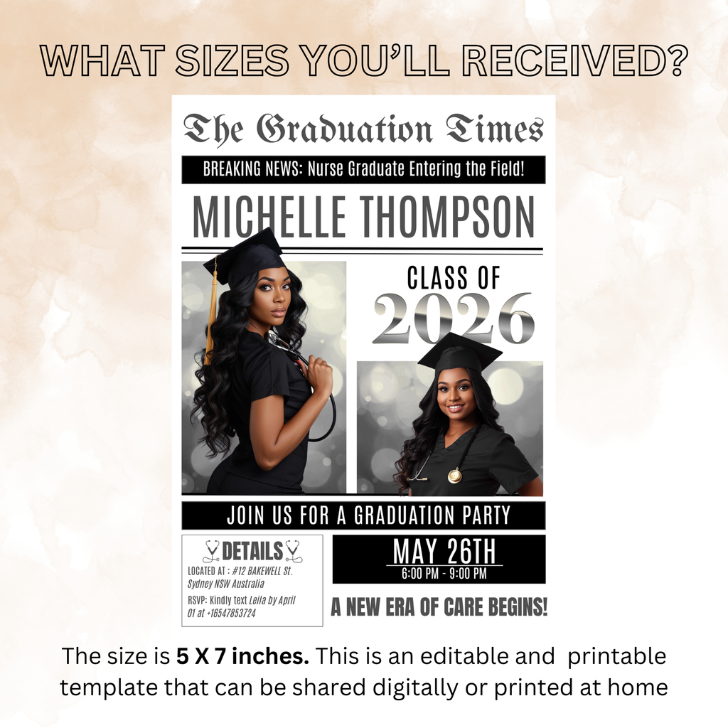 Newspaper Nurse Graduation Announcement Invitation, RN Pinning Ceremony with photo invite, LPN Nursing Graduates, 2026 BSN Flyer Template