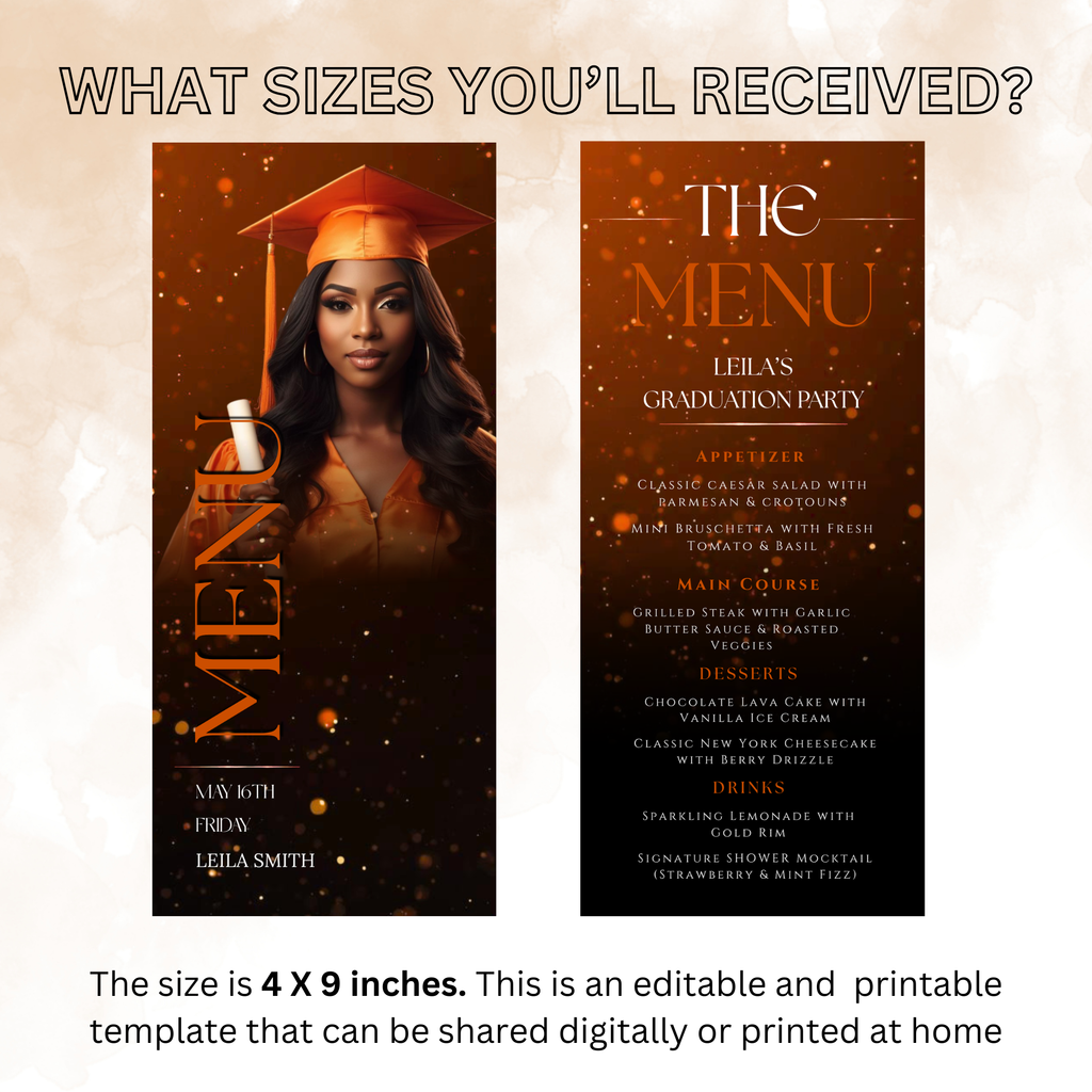 Orange Graduation Menu Template with Photo, Class of 2026 Grad Dinner Brunch Menu Card for High School College, Canva Printable