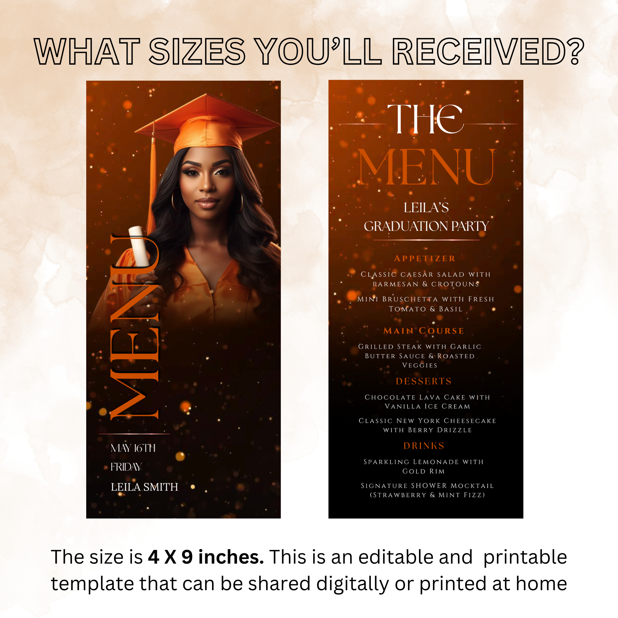 Orange Graduation Menu Template with Photo, Class of 2026 Grad Dinner Brunch Menu Card for High School College, Canva Printable