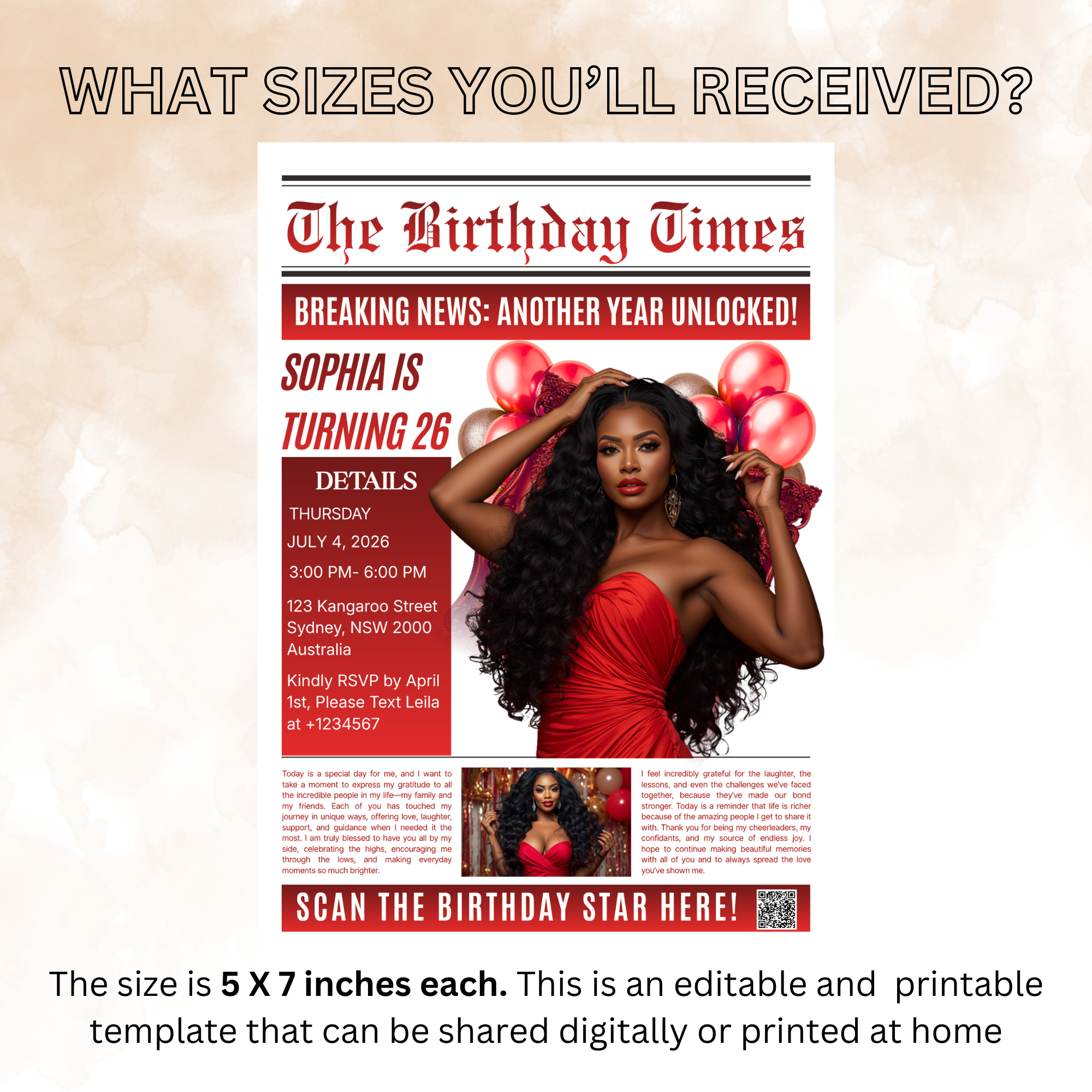 Red Newspaper Birthday Invitation with Photo, Birthday Dinner & Brunch Party Invite for Him Her, Adult Celebration Editable Canva Template