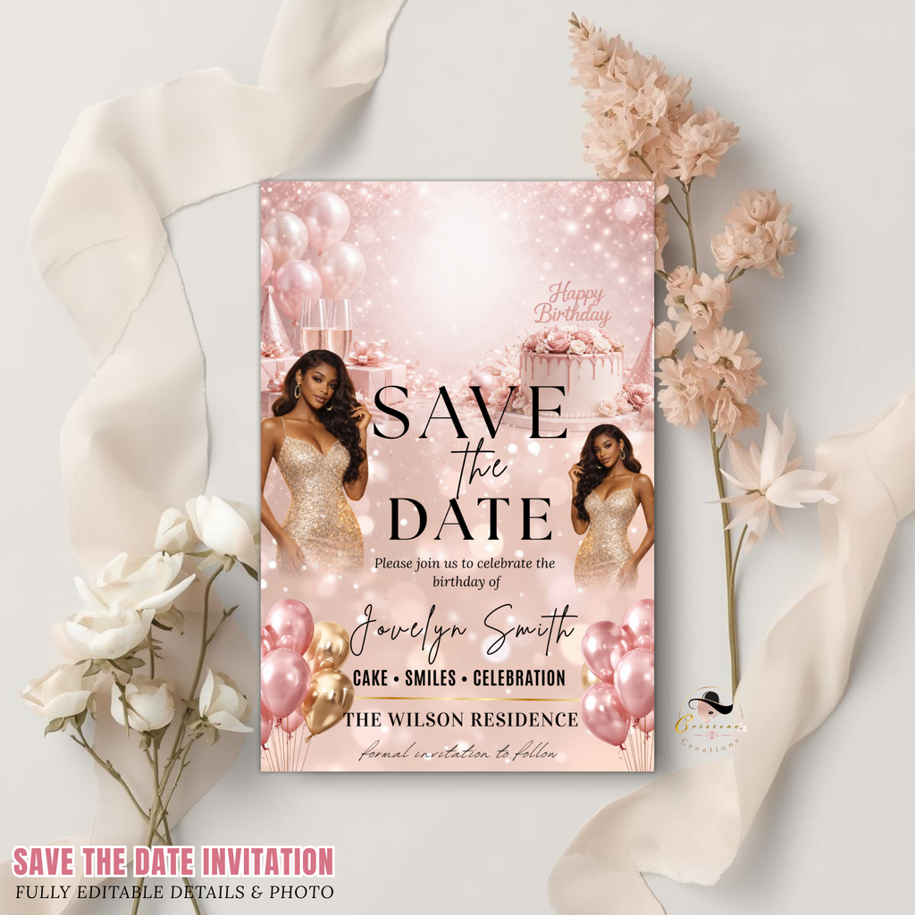 Pink Save the Date Birthday Invitation, Sweet 16 Save Date Party with photo Invite, Quinceanera Event Card, Printable Digital Template
