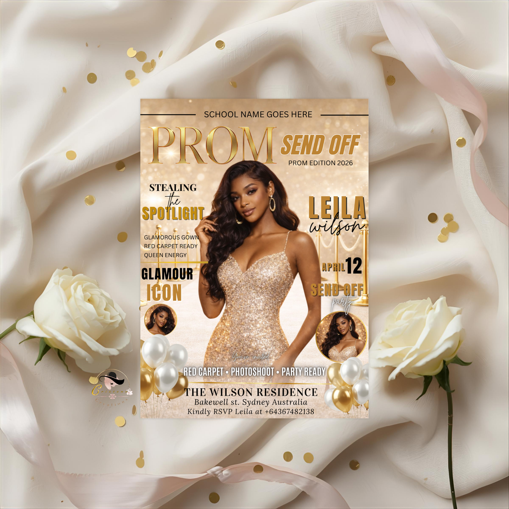 White Gold Prom Send Off Party Invitation, Prom Queen with photo invite, Girls Prom Night Flyer, Magazine Cover, Digital Printable Template