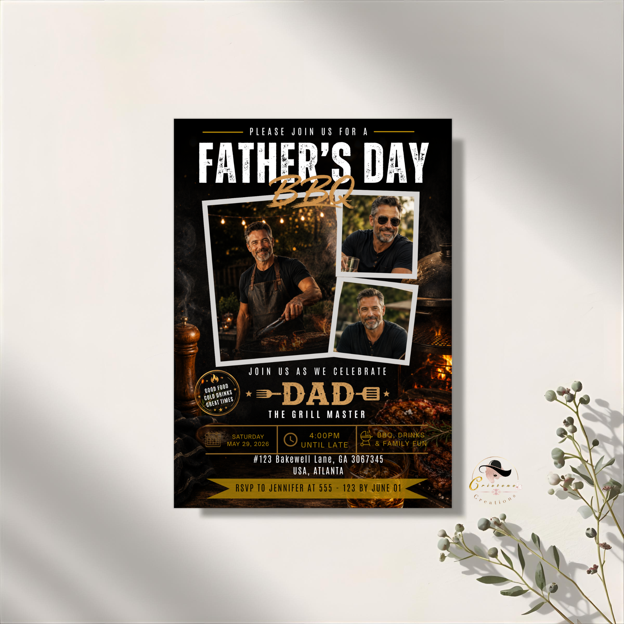 Father’s Day BBQ Party Invitation with photo, Dad Barbecue Cookout Invite, Grill Summer Invite, Black Gold Printable Editable Canva Template