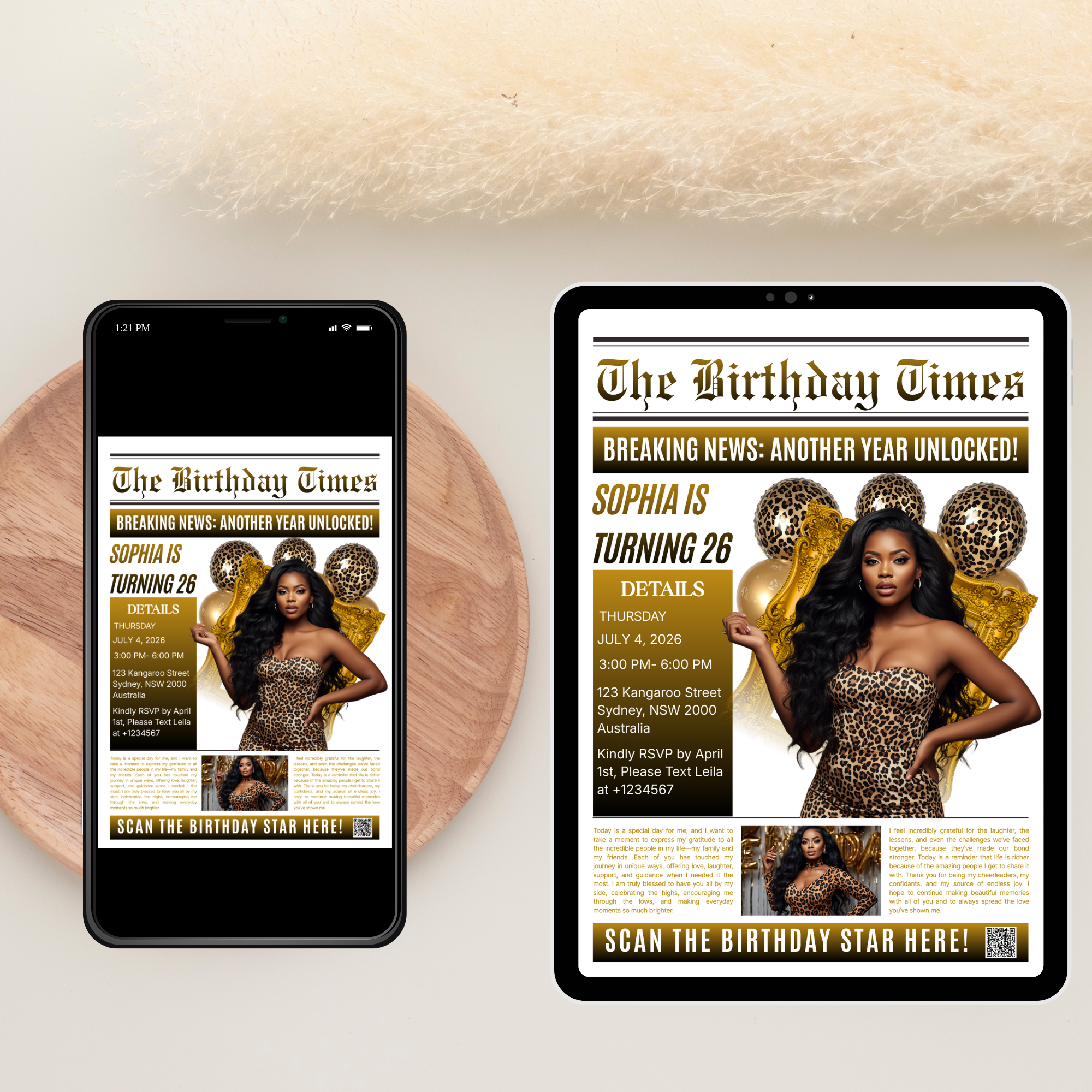 Leopard Print Newspaper Birthday Invitation with Photo, Birthday Dinner and Brunch Party Invite, Cheetah Print Editable Canva Template