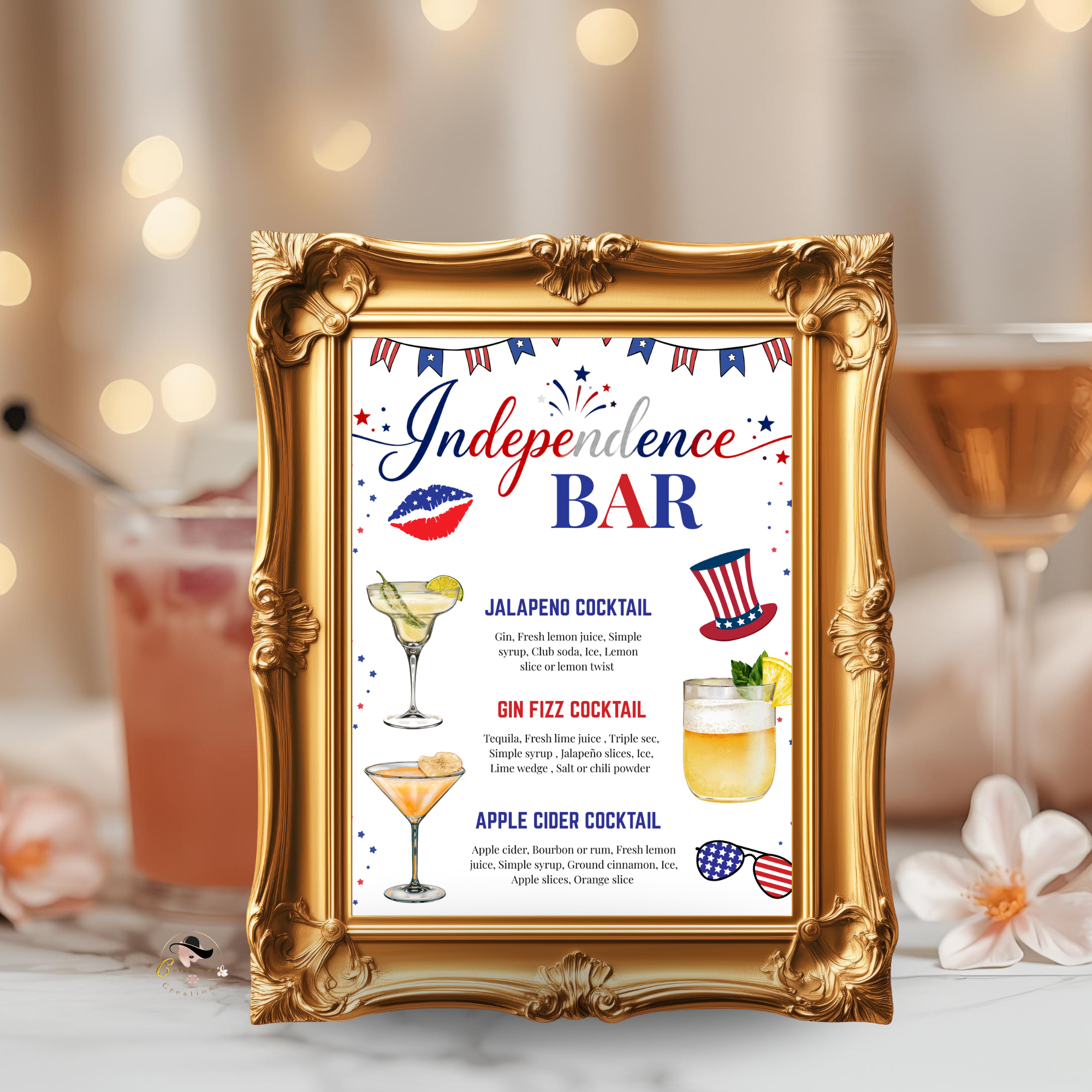 4th of July Drink Menu Sign, Patriotic Signature Drinks Bar Menu, Red White Blue Independence Day Cocktails Sign, Printable Canva Template